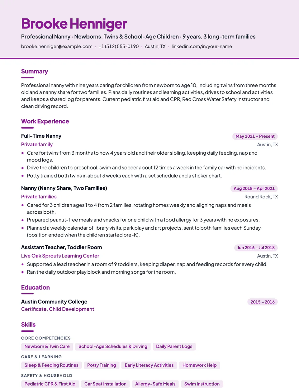 Nanny sample resume in the Canopy template