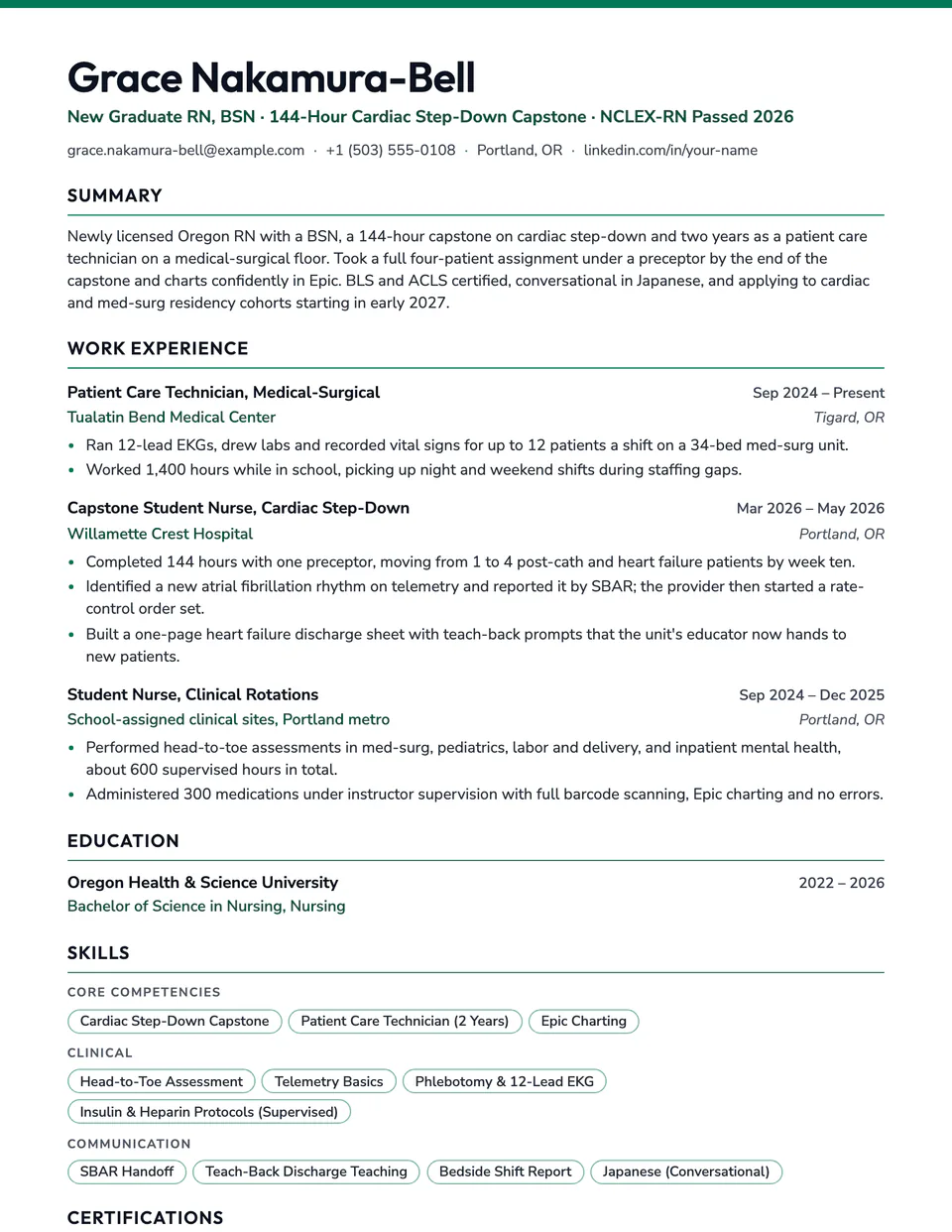 New Grad Nurse sample resume in the Campus template