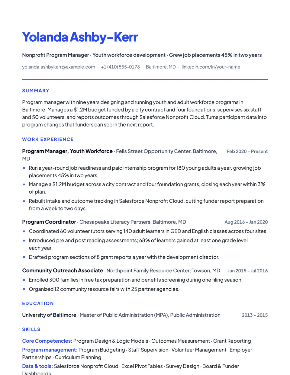 Nonprofit Program Manager sample resume in the Cobalt template