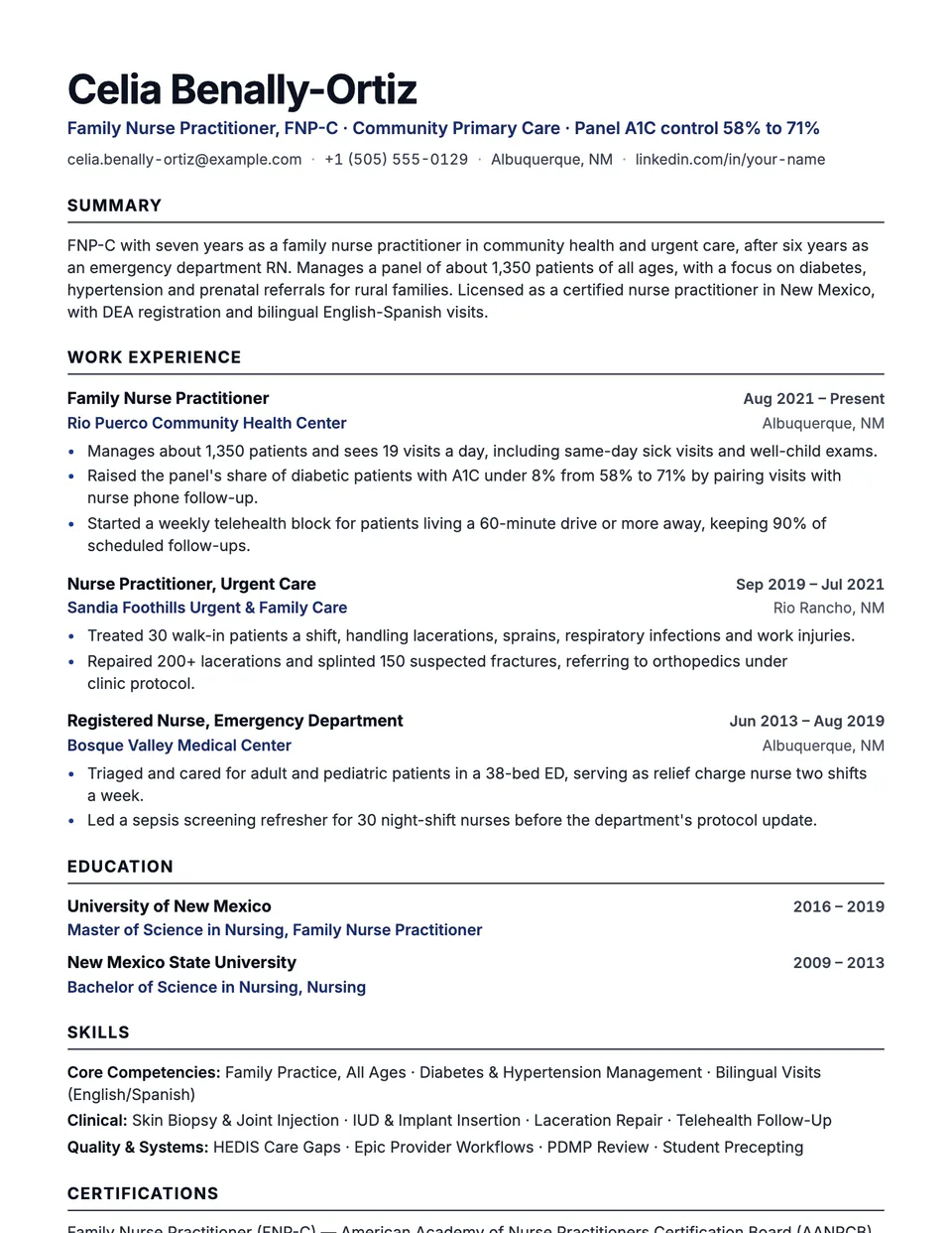 Nurse Practitioner sample resume in the Beacon template