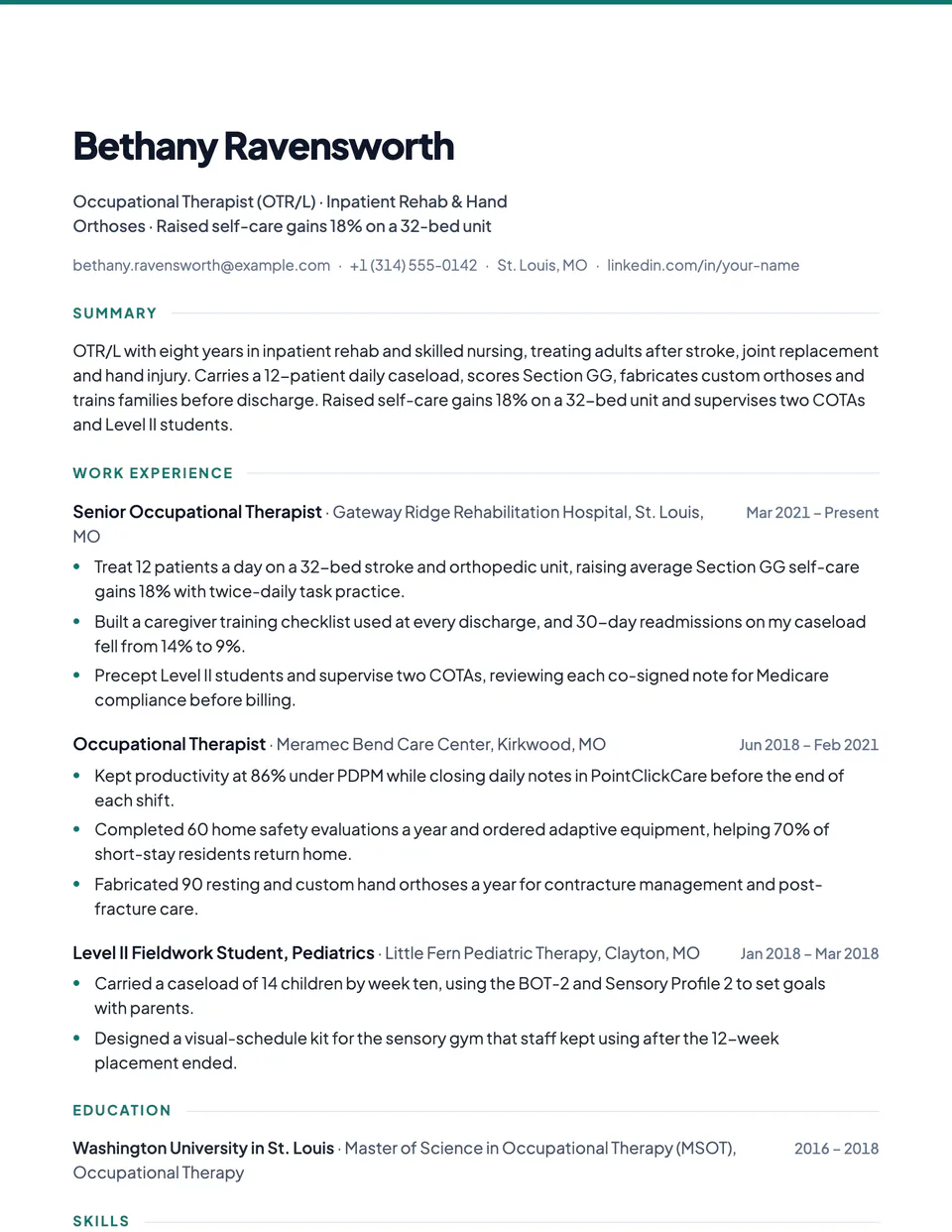 Occupational Therapist sample resume in the Contemporary template