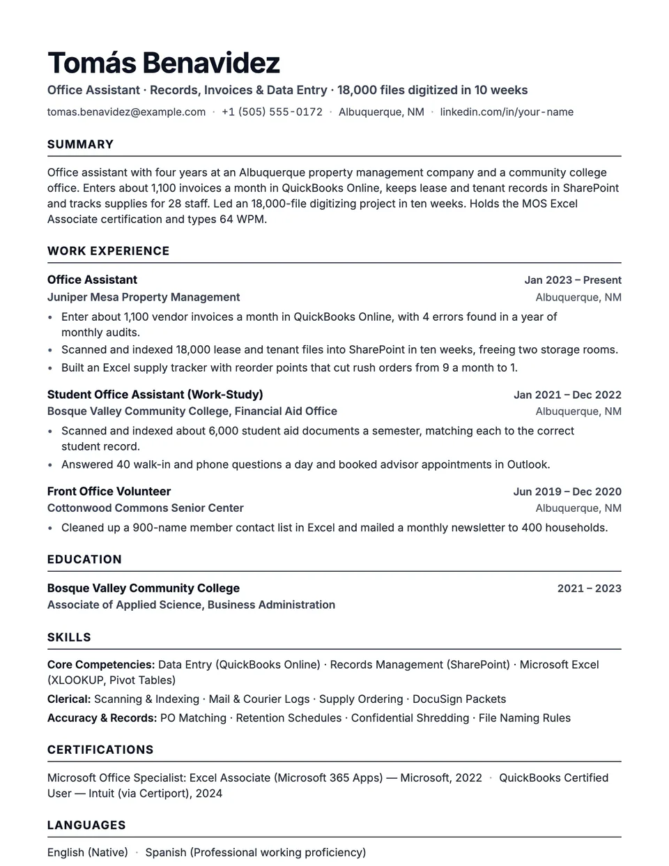 Office Assistant sample resume in the Beacon template
