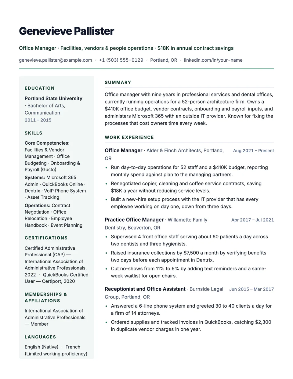 Office Manager sample resume in the Sidebar template