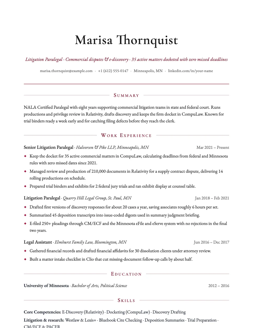 Paralegal sample resume in the Regent template