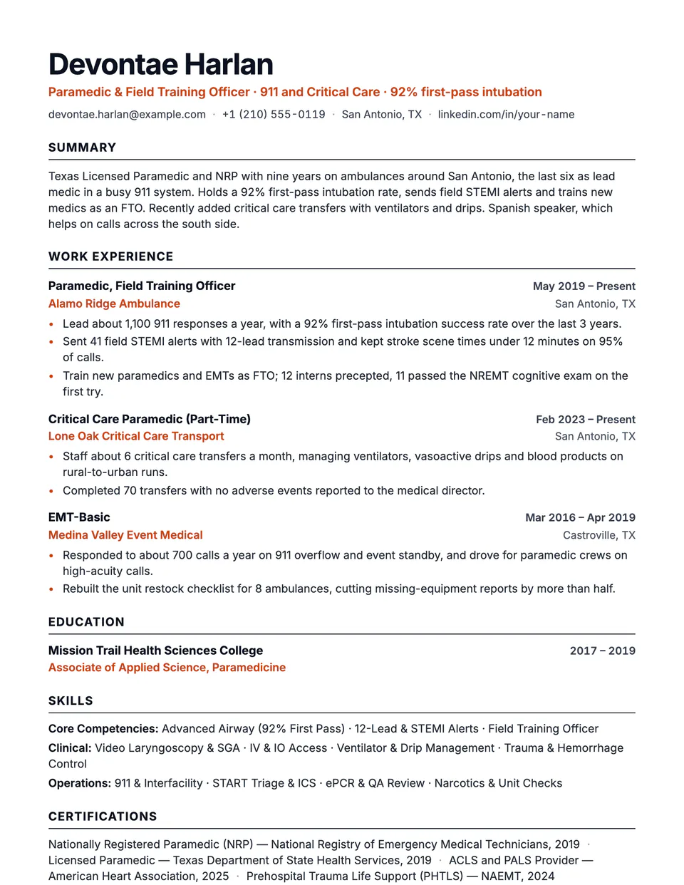 Paramedic sample resume in the Beacon template