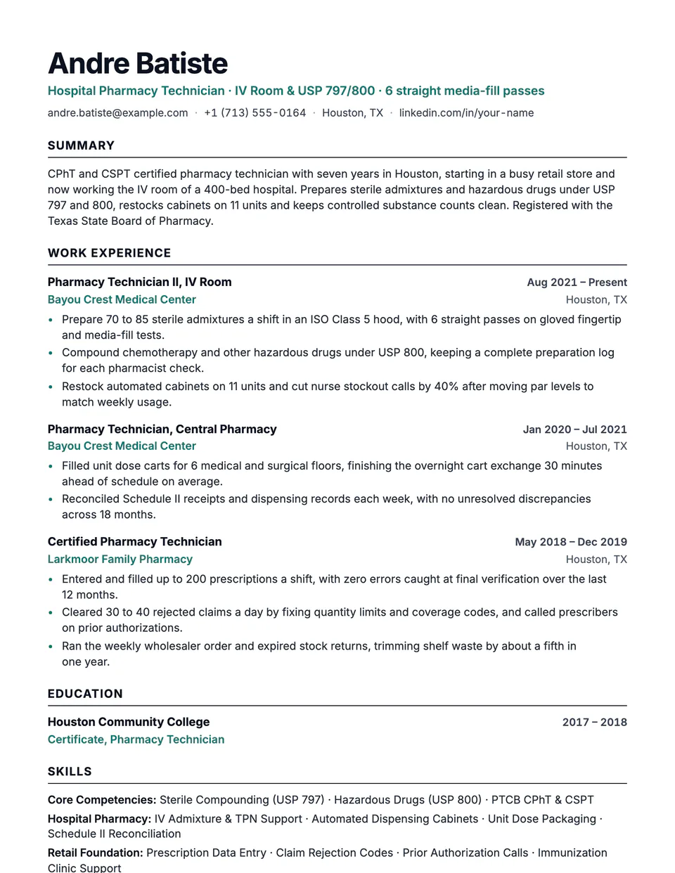 Pharmacy Technician sample resume in the Beacon template