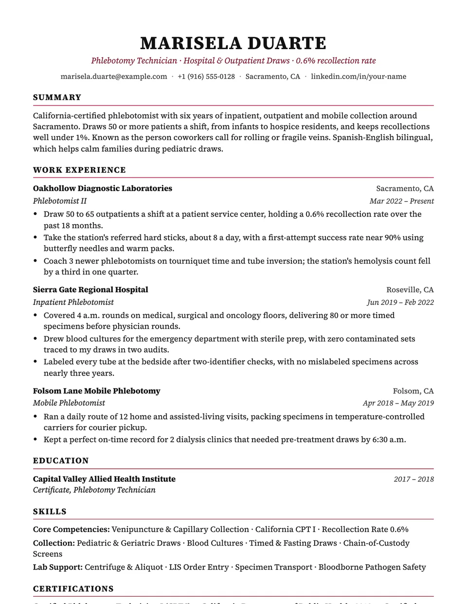 Phlebotomist sample resume in the Charter template