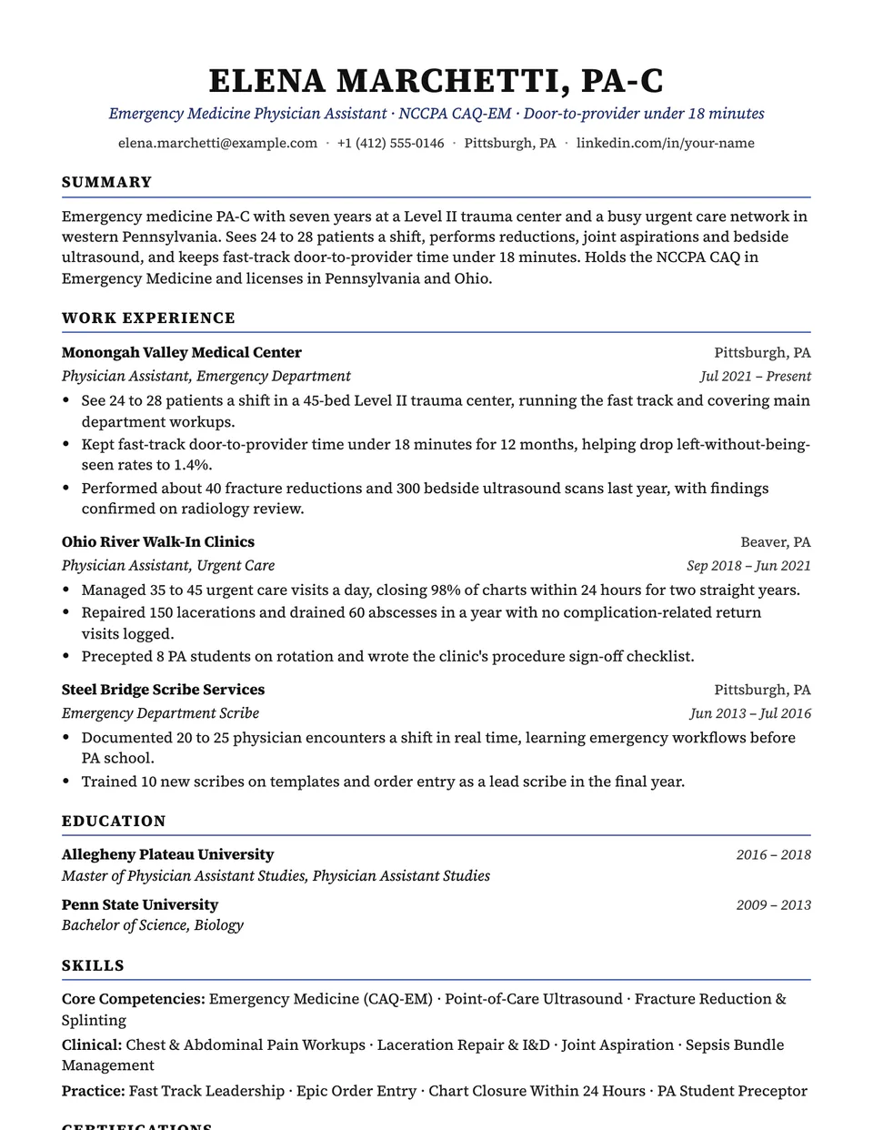 Physician Assistant sample resume in the Charter template