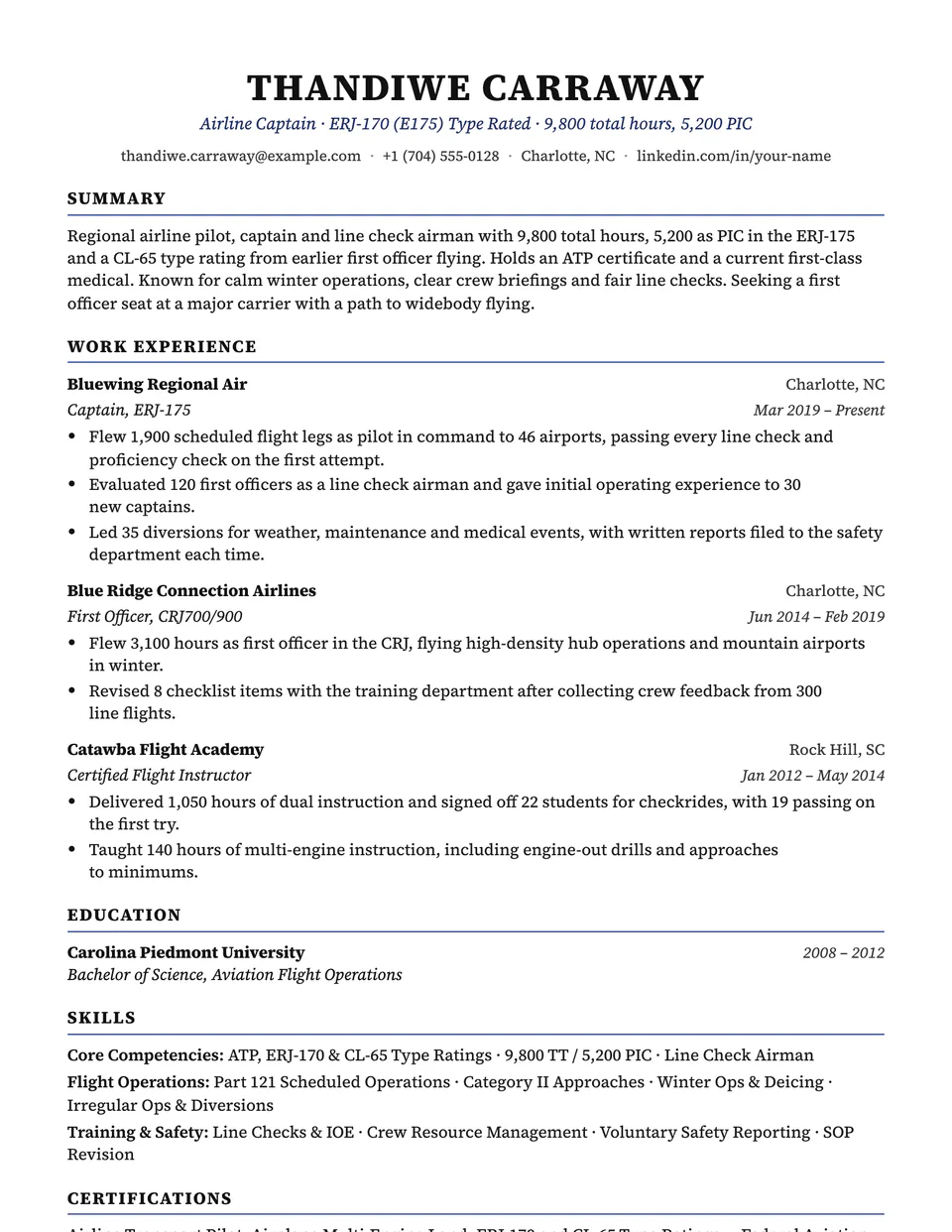 Pilot sample resume in the Charter template