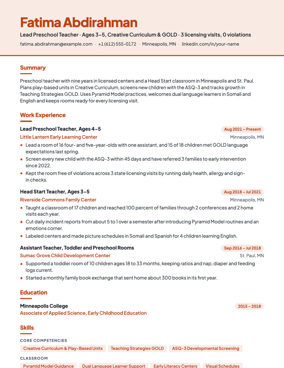 Preschool Teacher sample resume in the Canopy template