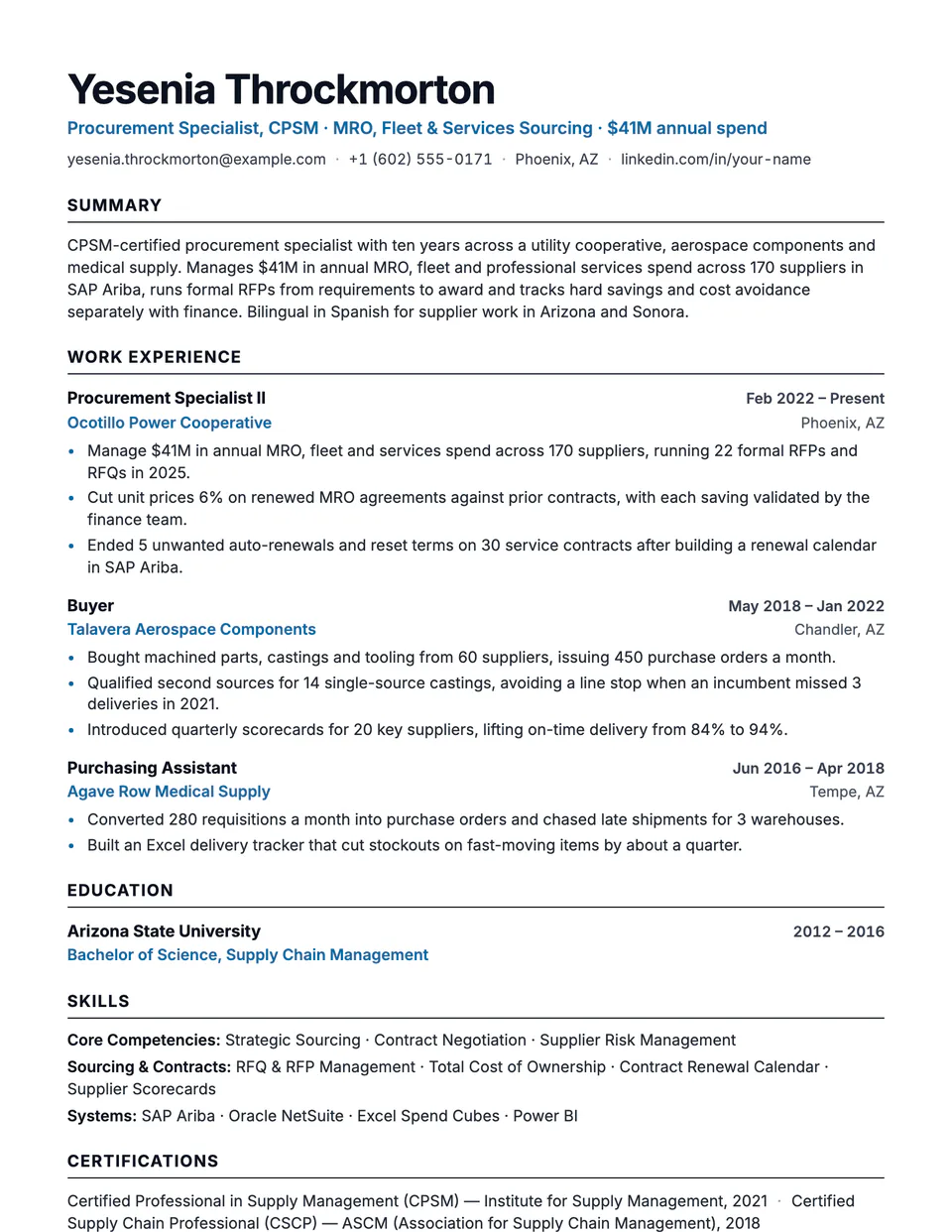 Procurement Specialist sample resume in the Beacon template