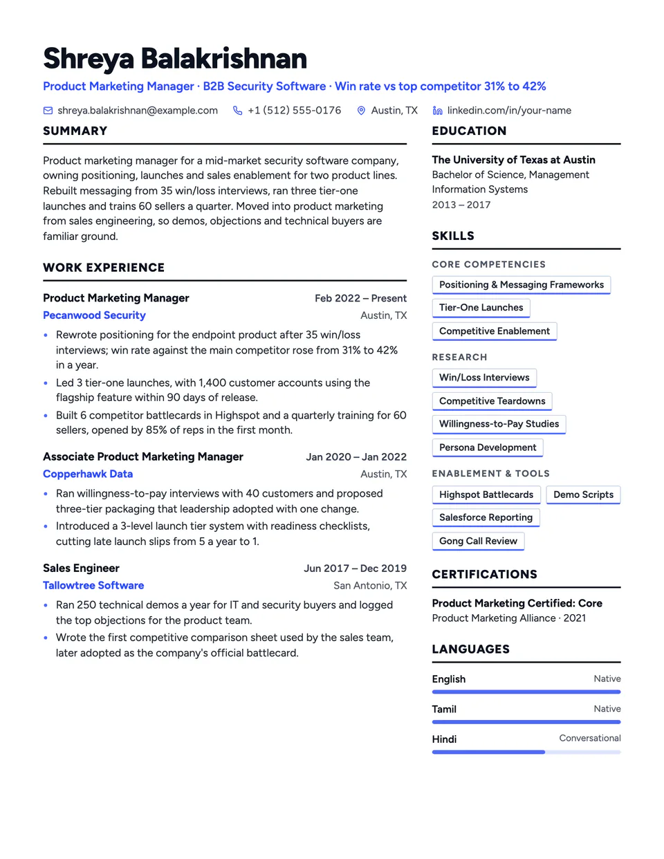 Product Marketing Manager sample resume in the Atrium template