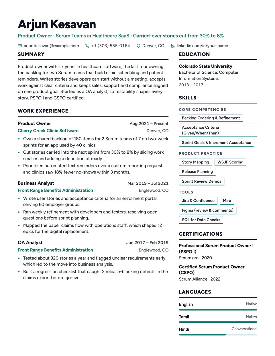 Product Owner sample resume in the Atrium template