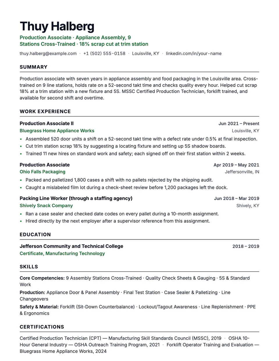 Production Worker sample resume in the Beacon template