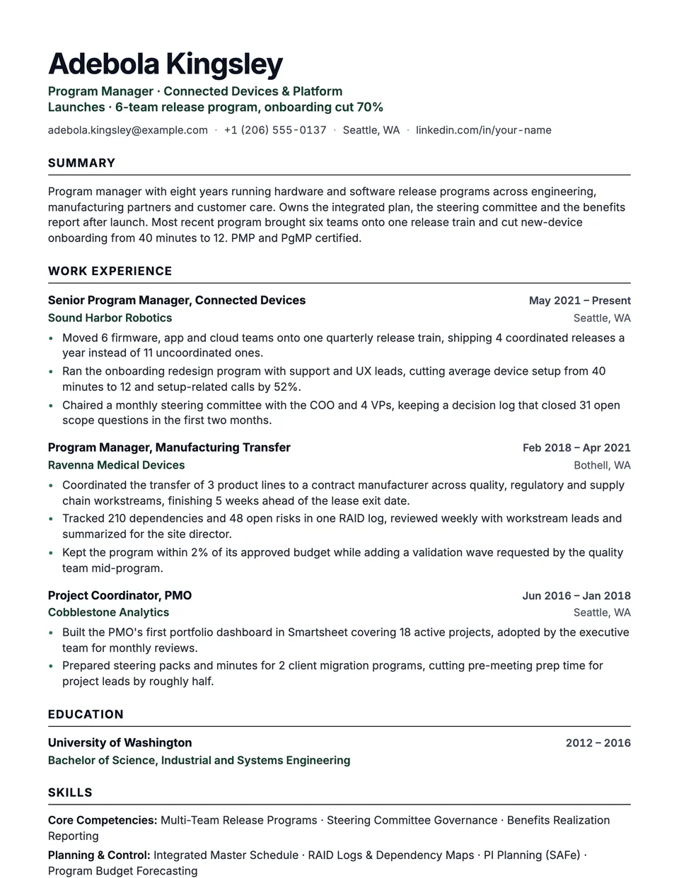Program Manager sample resume in the Beacon template