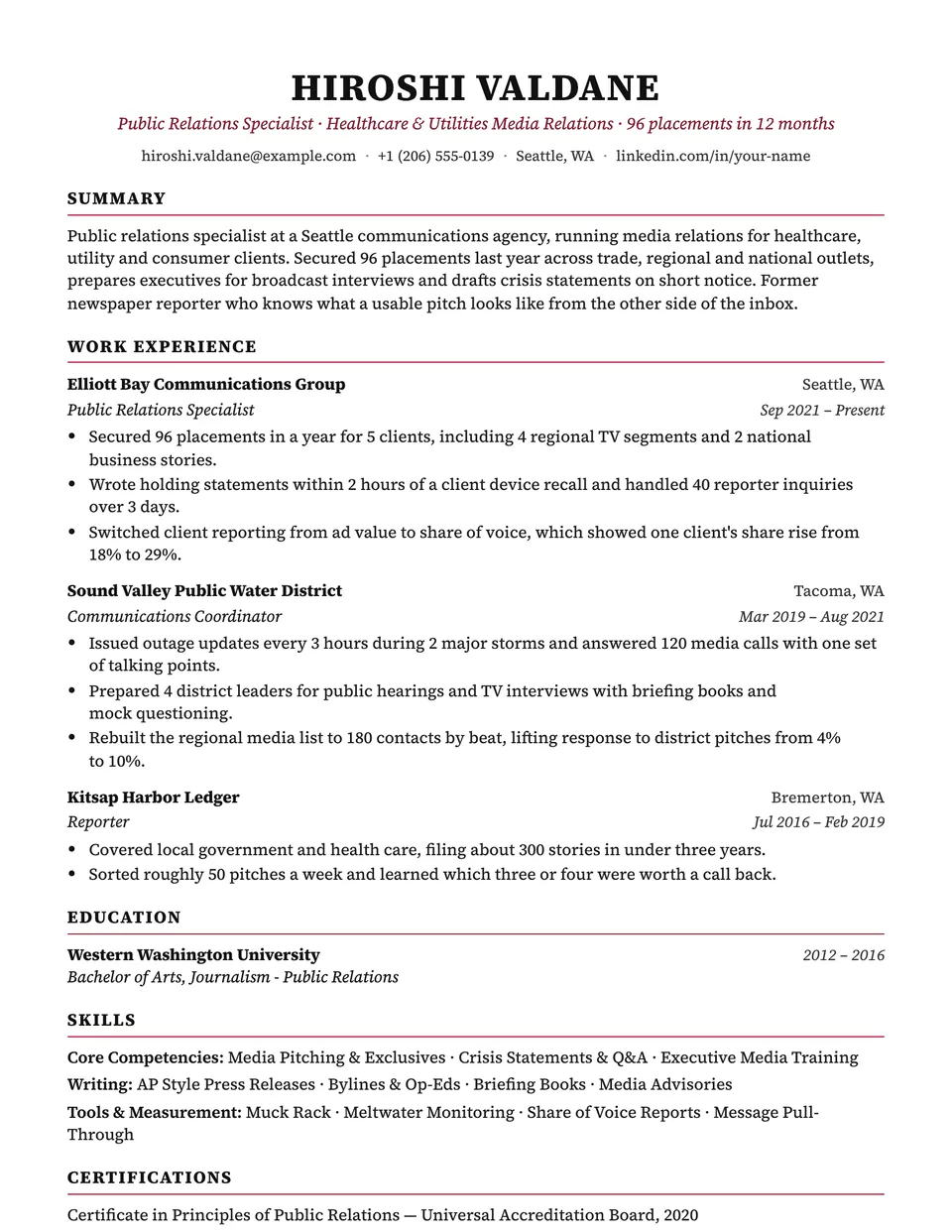 Public Relations Specialist sample resume in the Charter template