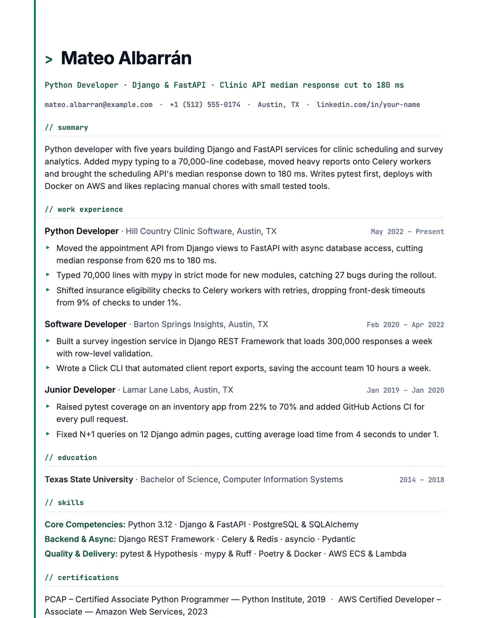 Python Developer sample resume in the Matrix template