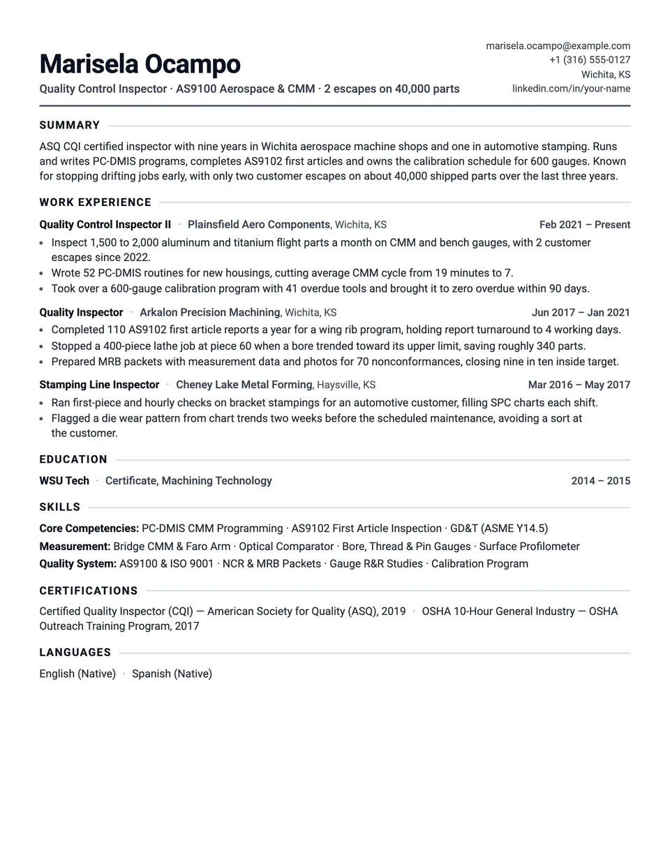 Quality Control Inspector sample resume in the Tempo template