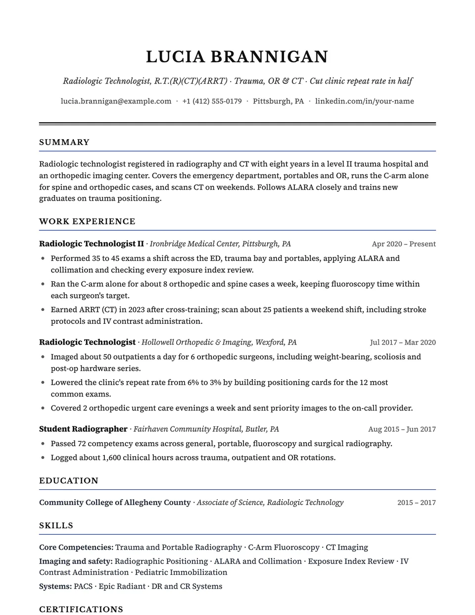 Radiologic Technologist sample resume in the Corporate template