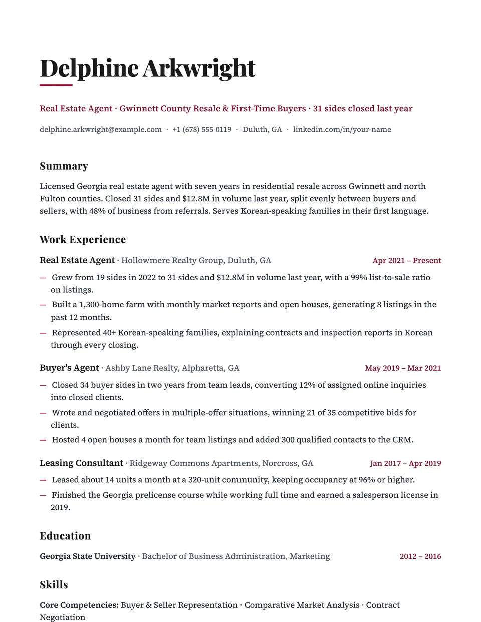Real Estate Agent sample resume in the Monarch template