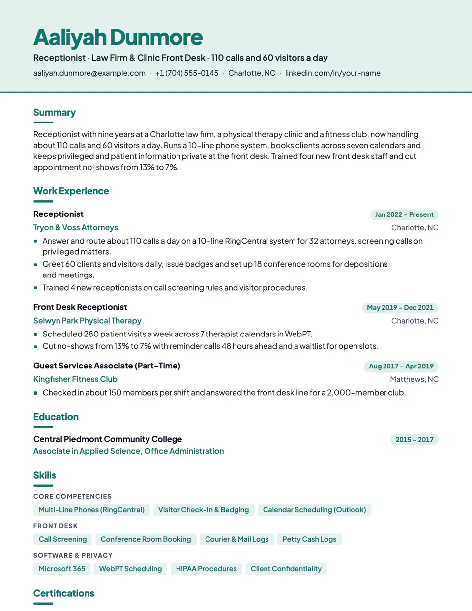 Receptionist sample resume in the Canopy template