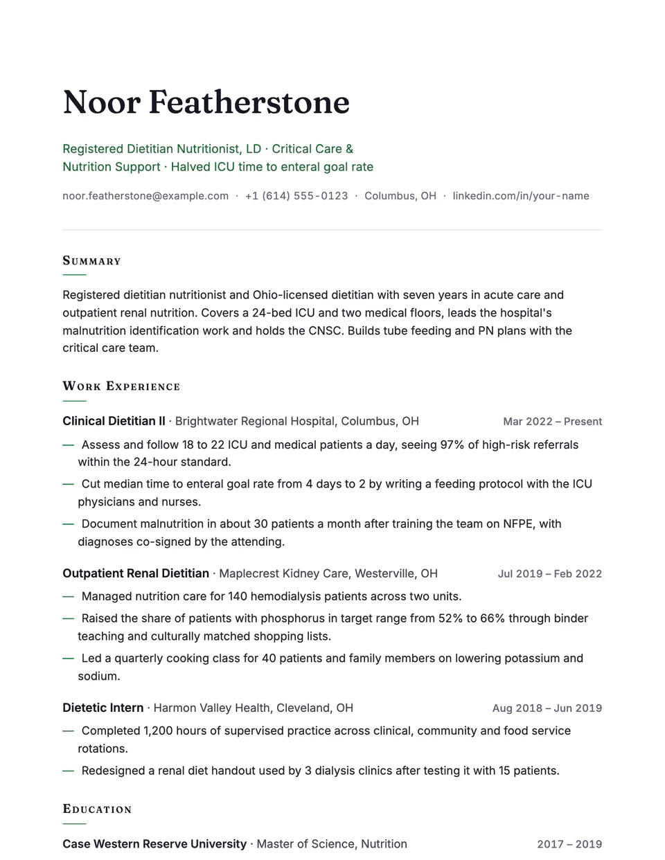Registered Dietitian sample resume in the Vellum template