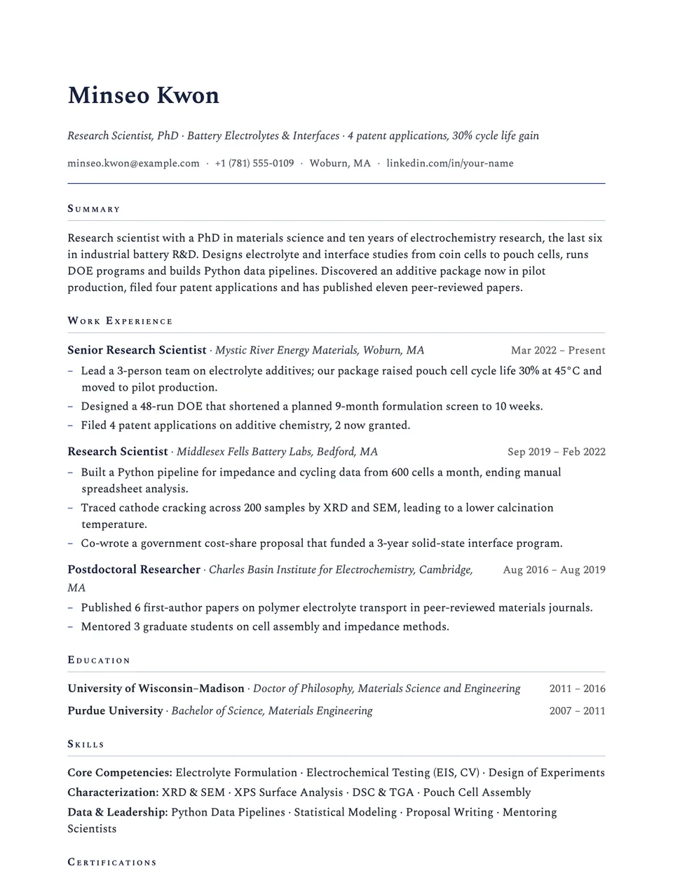 Research Scientist sample resume in the Academic template