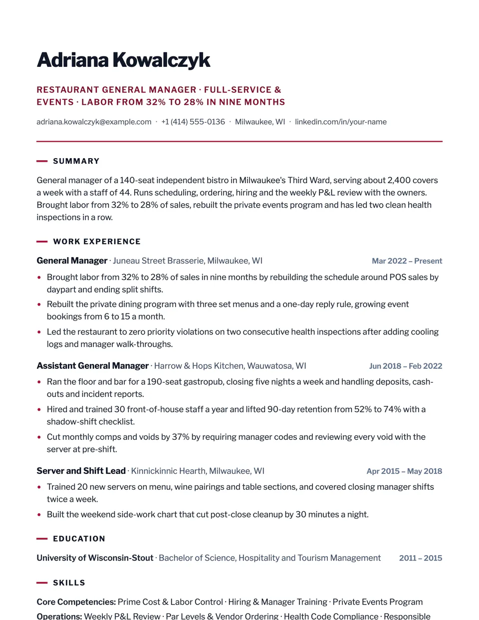 Restaurant Manager sample resume in the Summit template