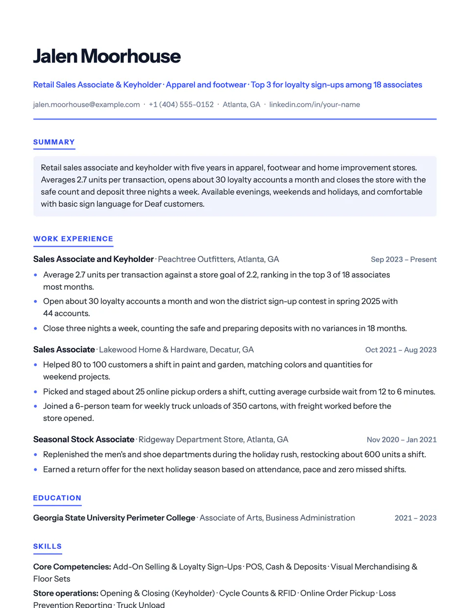 Retail Associate sample resume in the Startup template
