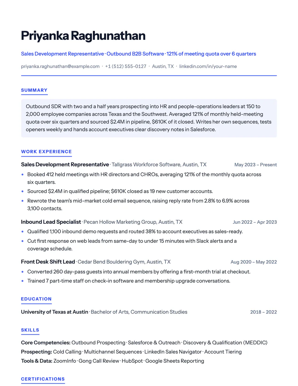Sales Development Representative sample resume in the Startup template
