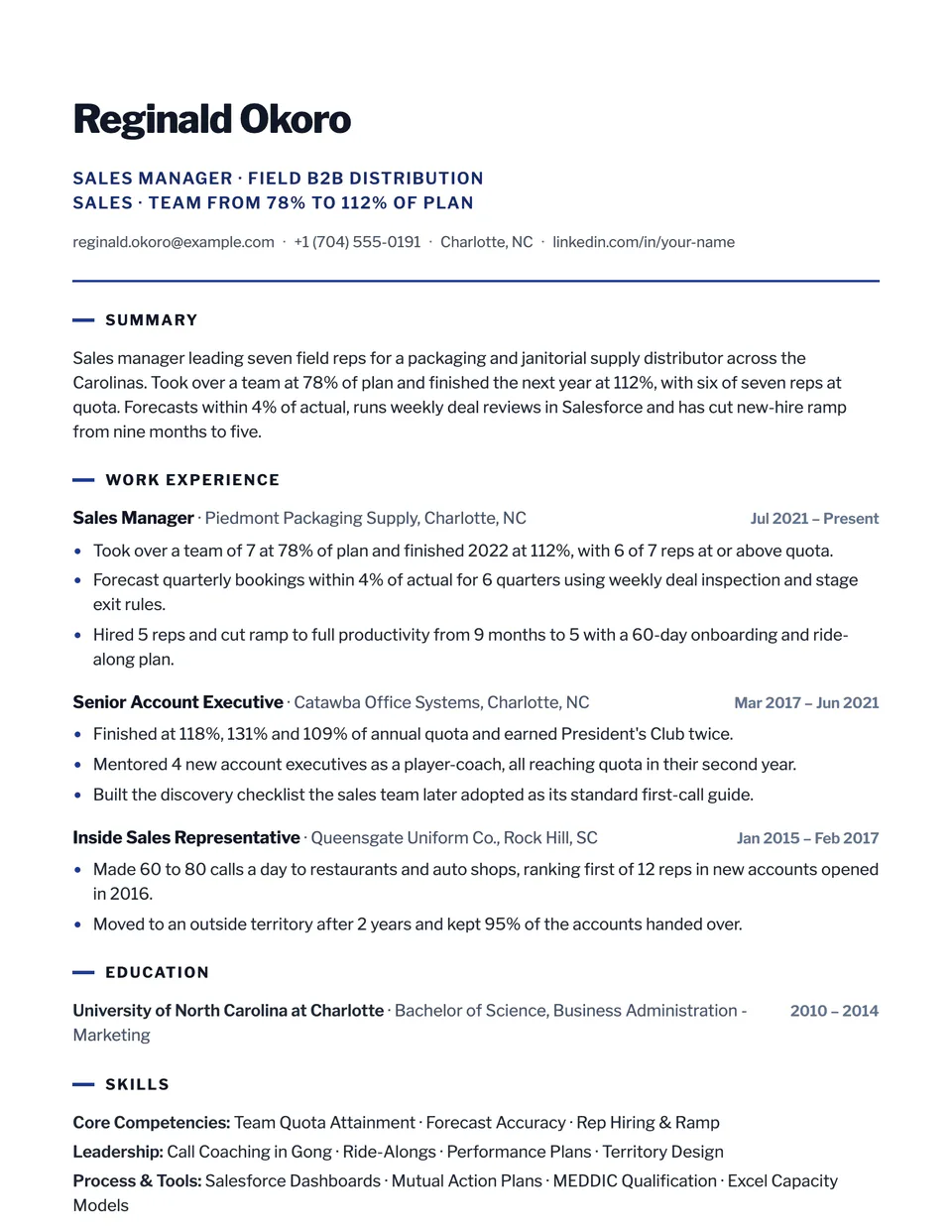 Sales Manager sample resume in the Summit template