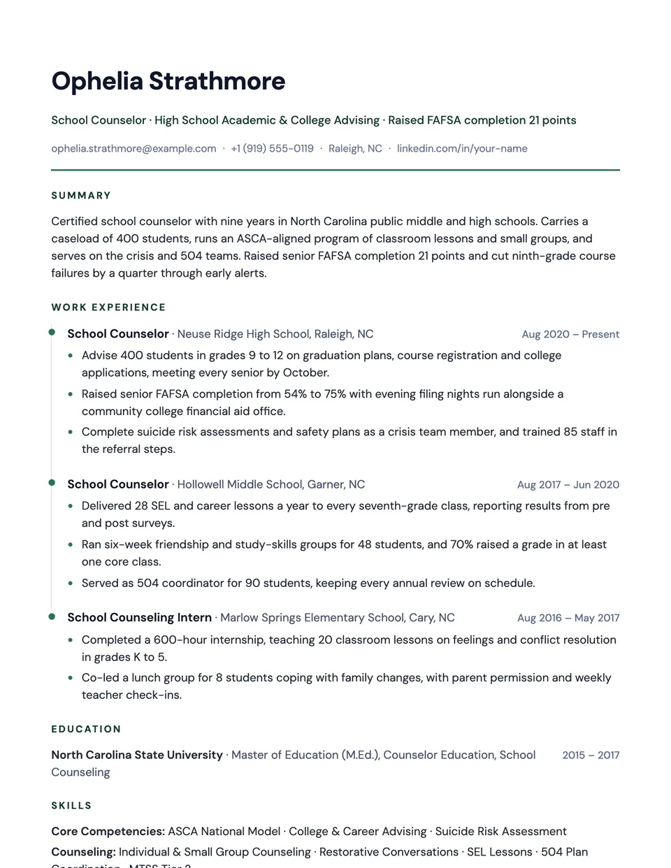 School Counselor sample resume in the Timeline template
