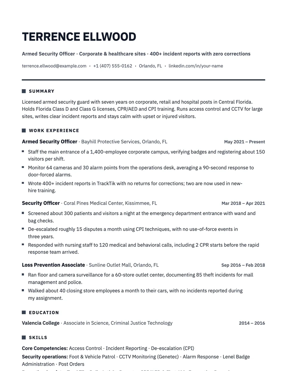Security Guard sample resume in the Polar template