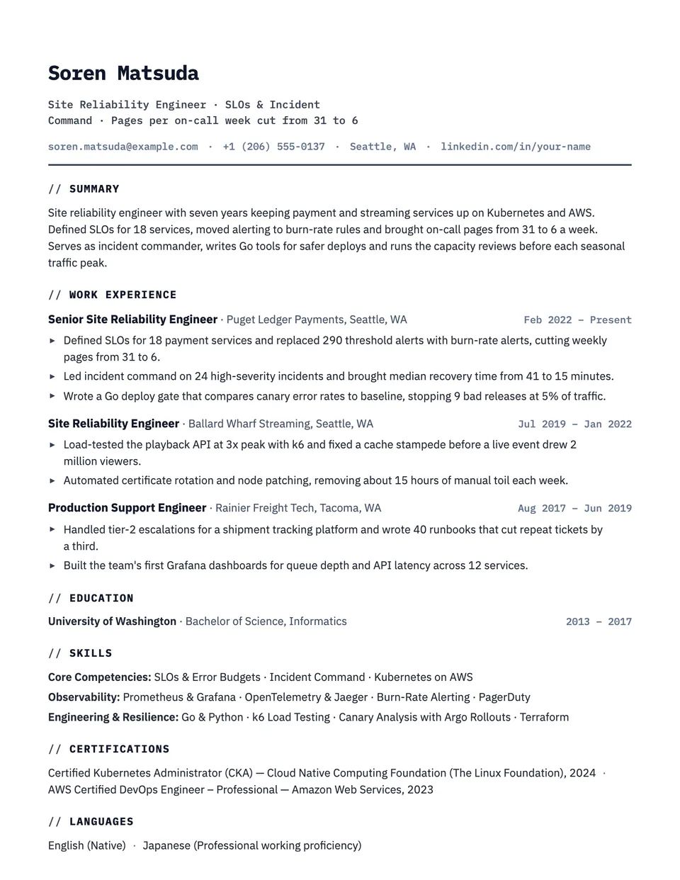 Site Reliability Engineer sample resume in the Technical template