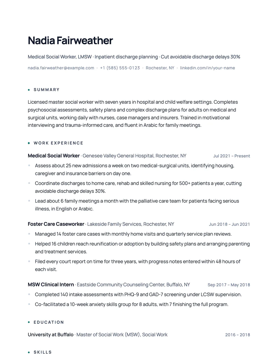 Social Worker sample resume in the Nimbus template