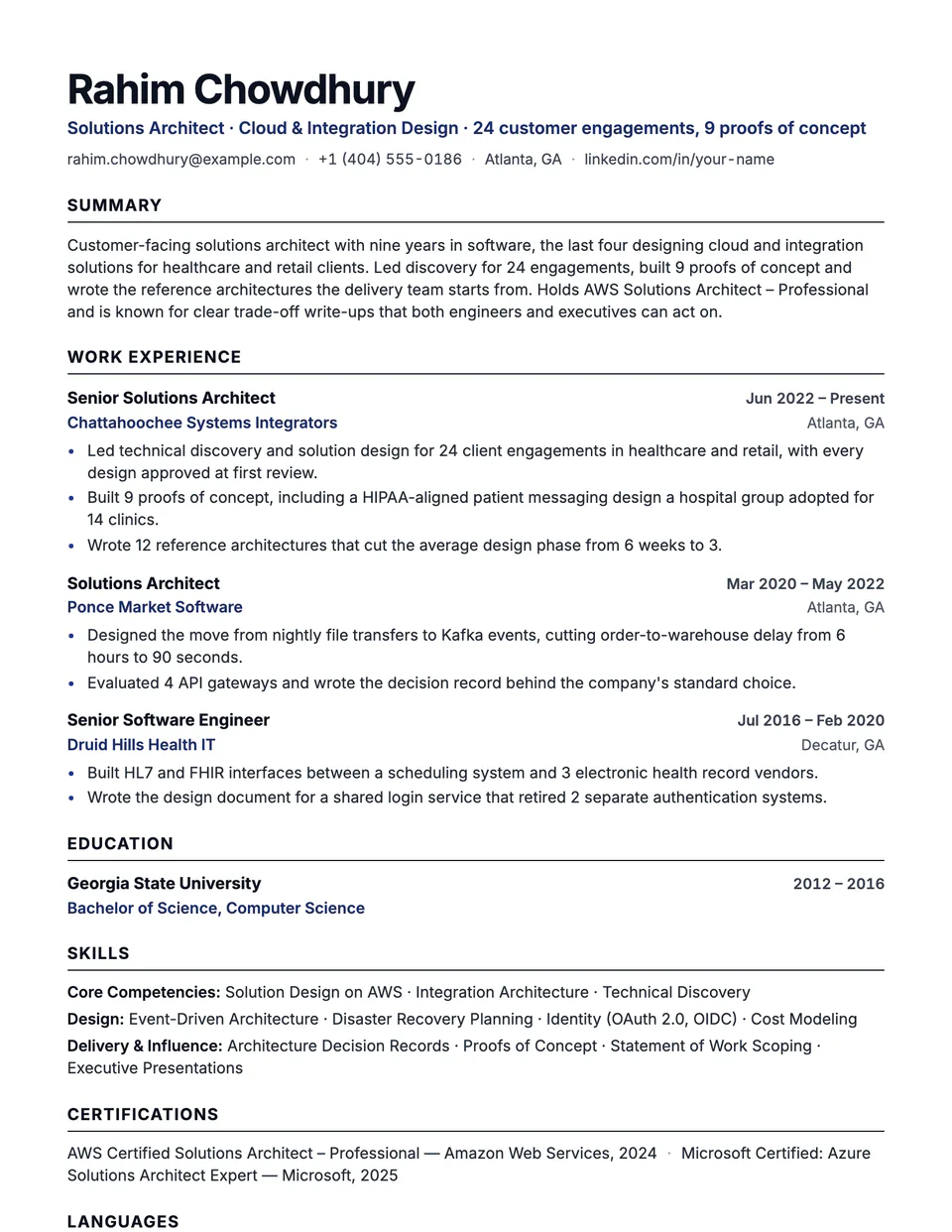 Solutions Architect sample resume in the Beacon template