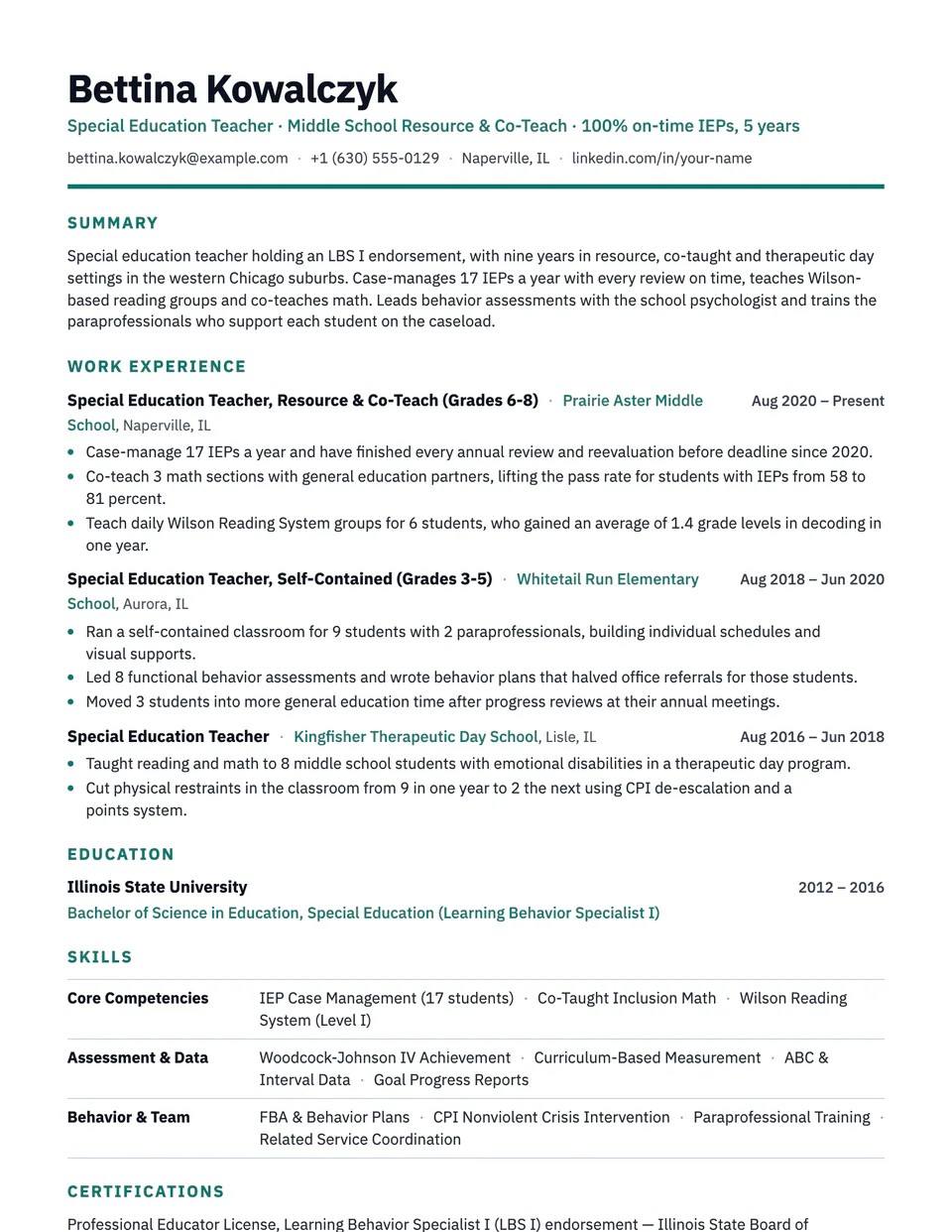 Special Education Teacher sample resume in the Strata template
