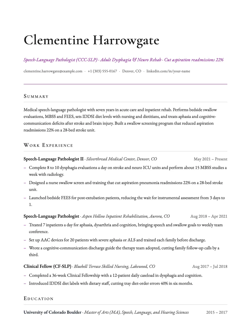 Speech Pathologist sample resume in the Elegant template