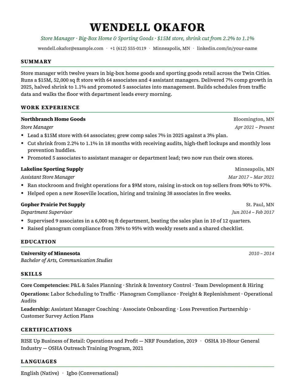 Store Manager sample resume in the Charter template