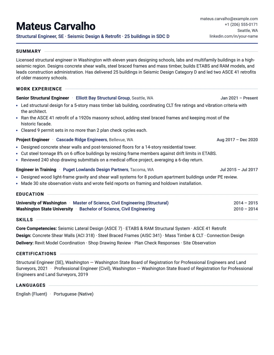 Structural Engineer sample resume in the Tempo template
