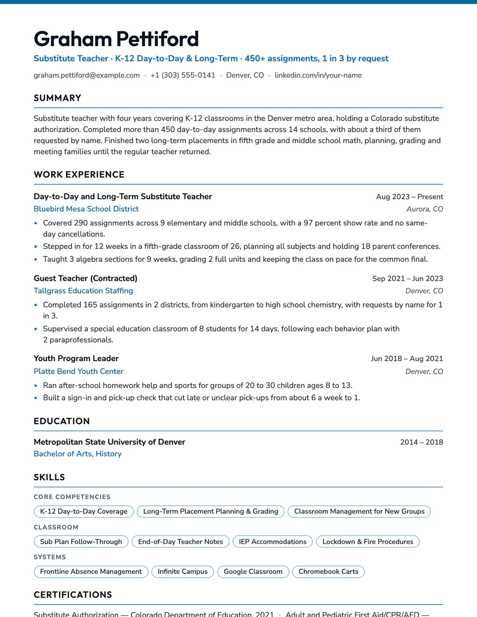 Substitute Teacher sample resume in the Campus template