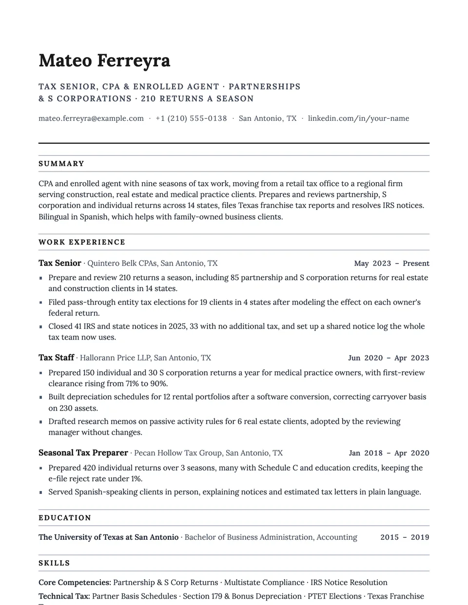 Tax Accountant sample resume in the Ledger template