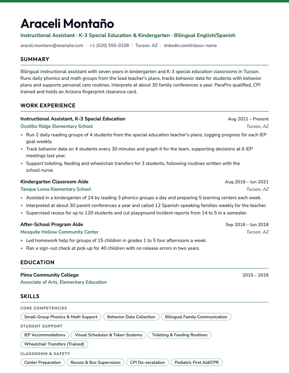 Teacher Assistant sample resume in the Campus template