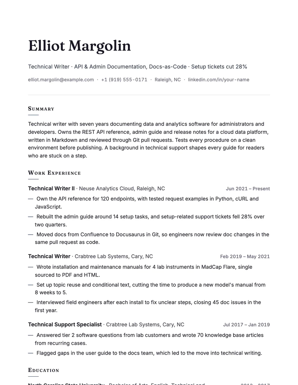 Technical Writer sample resume in the Vellum template