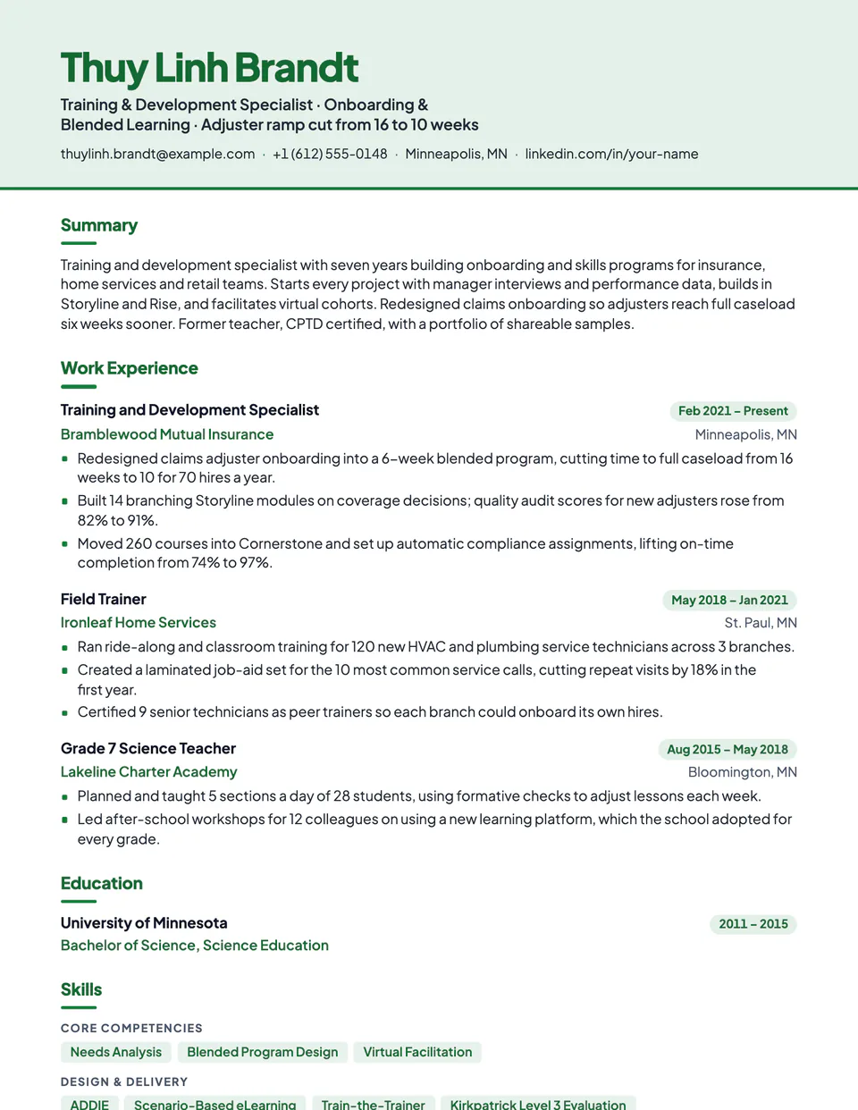 Training and Development Specialist sample resume in the Canopy template