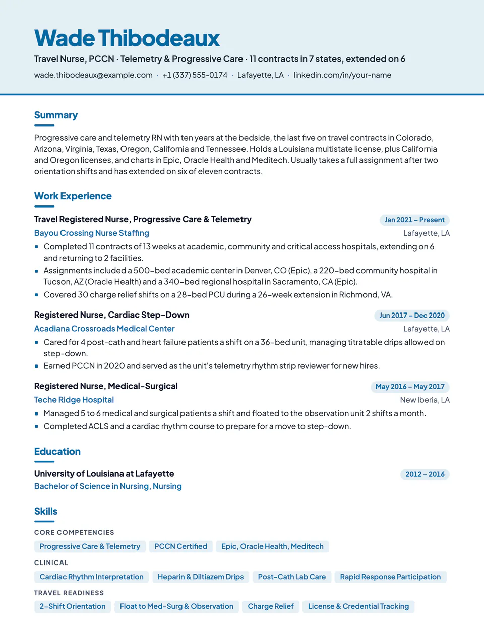 Travel Nurse sample resume in the Canopy template