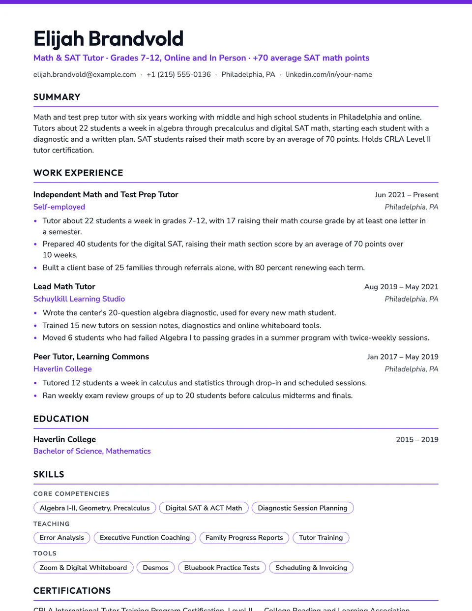 Tutor sample resume in the Campus template