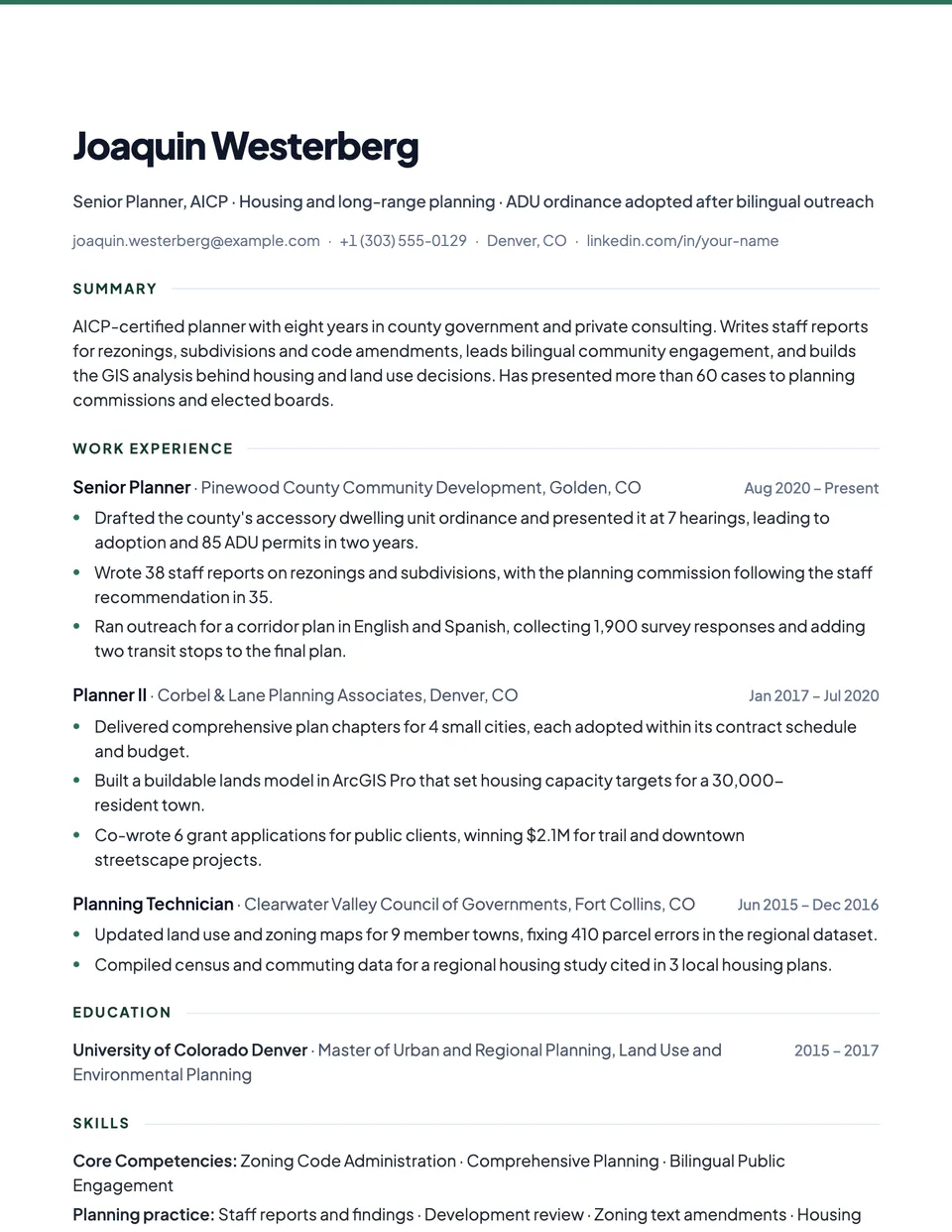 Urban Planner sample resume in the Contemporary template