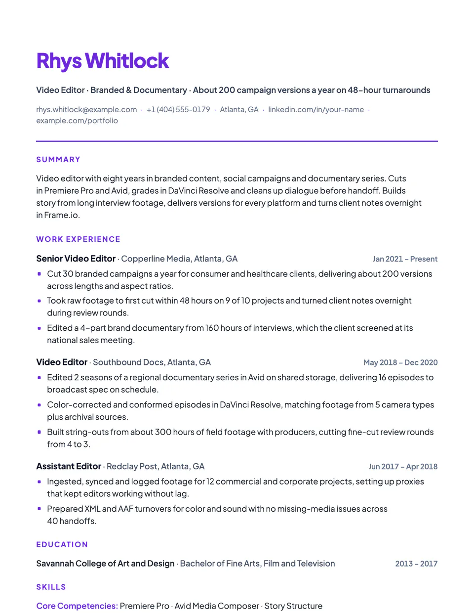 Video Editor sample resume in the Cobalt template