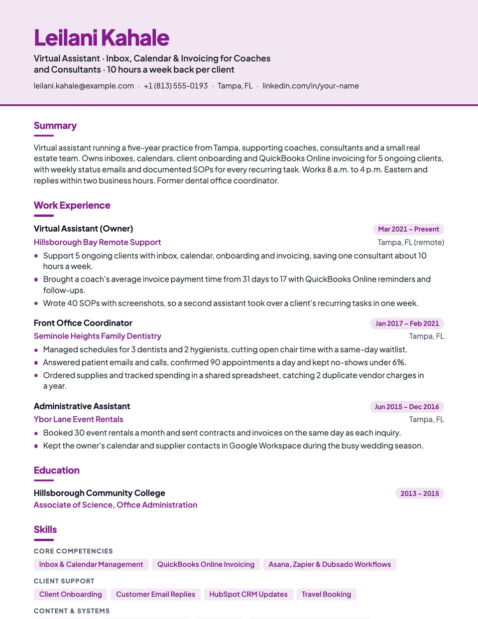 Virtual Assistant sample resume in the Canopy template